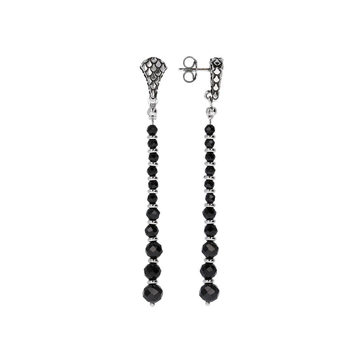 Albert M. - Orecchini Pendenti a Filo in Argento 925 placcato Rodio Texture Sirena con Spinello Nero