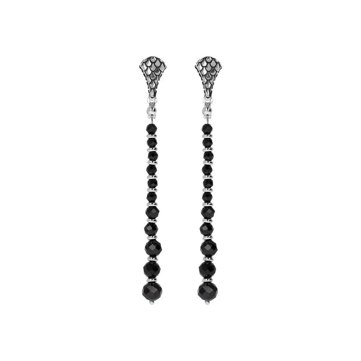 Albert M. - Orecchini Pendenti a Filo in Argento 925 placcato Rodio Texture Sirena con Spinello Nero