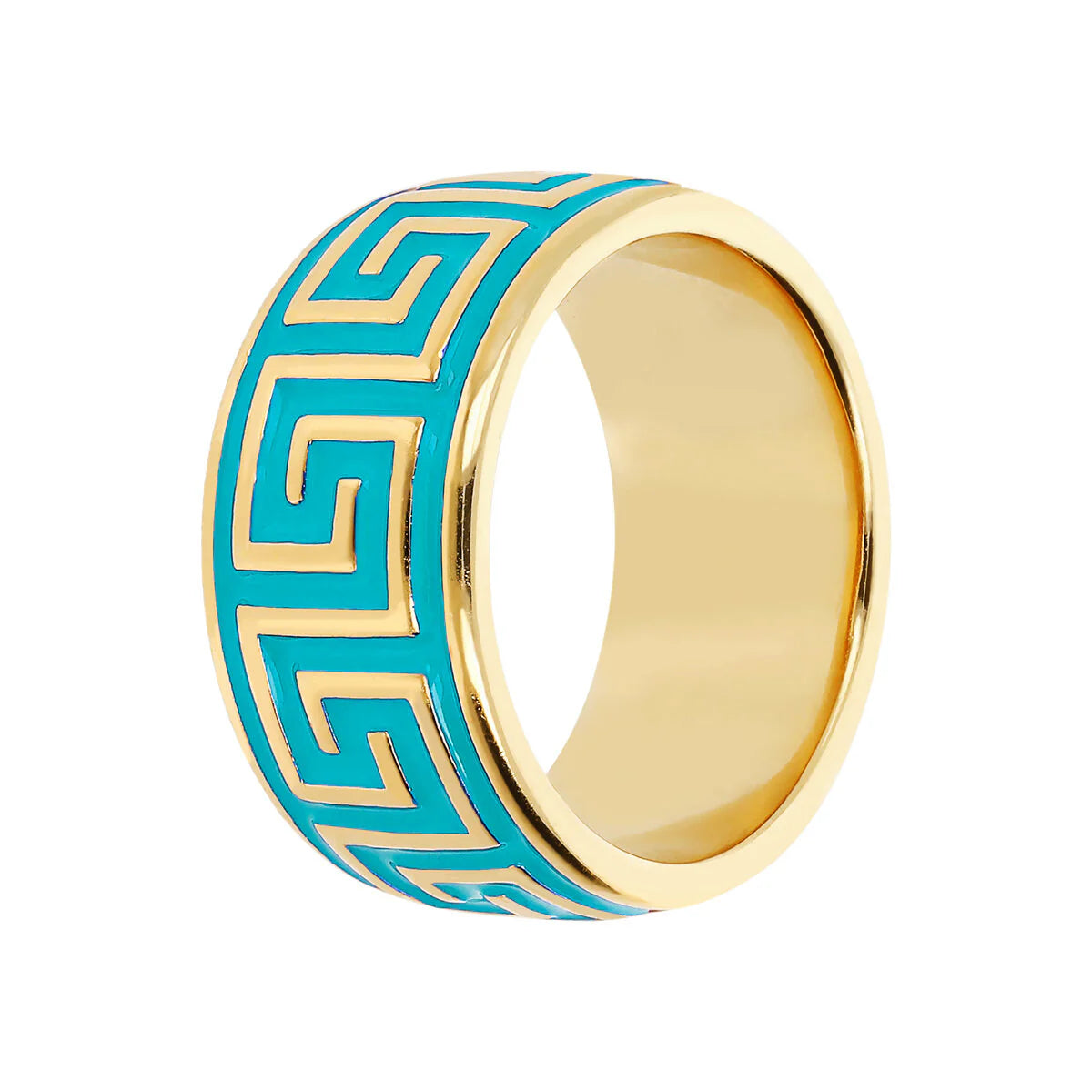 Etrusca - Anello a Fascia Smaltato con Greca Turchese