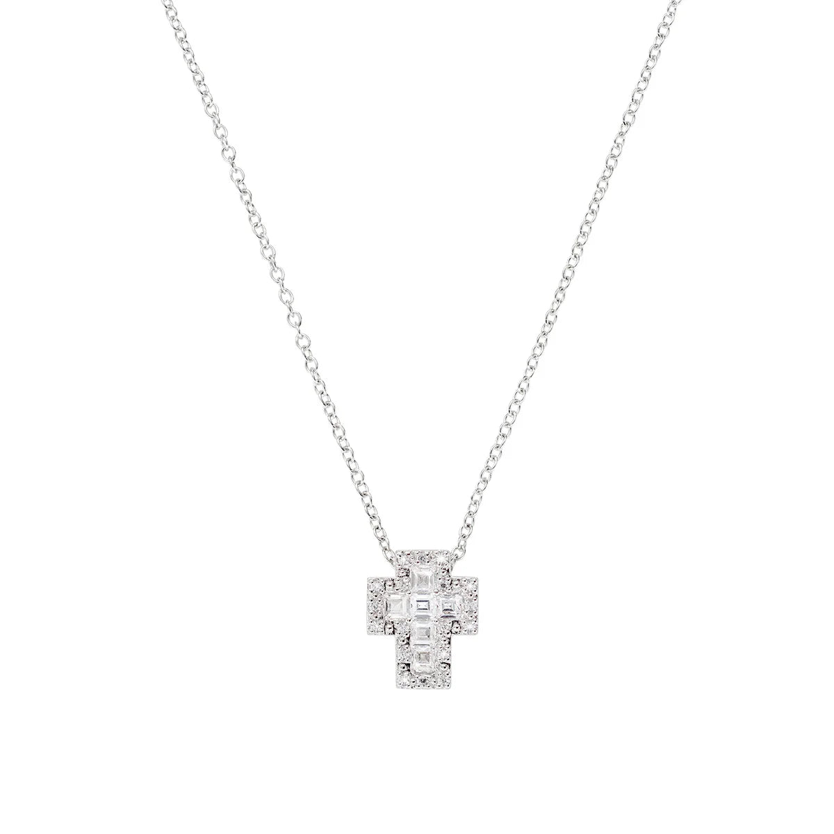 Collana mini Doppia Croce con Zirconi Bianchi