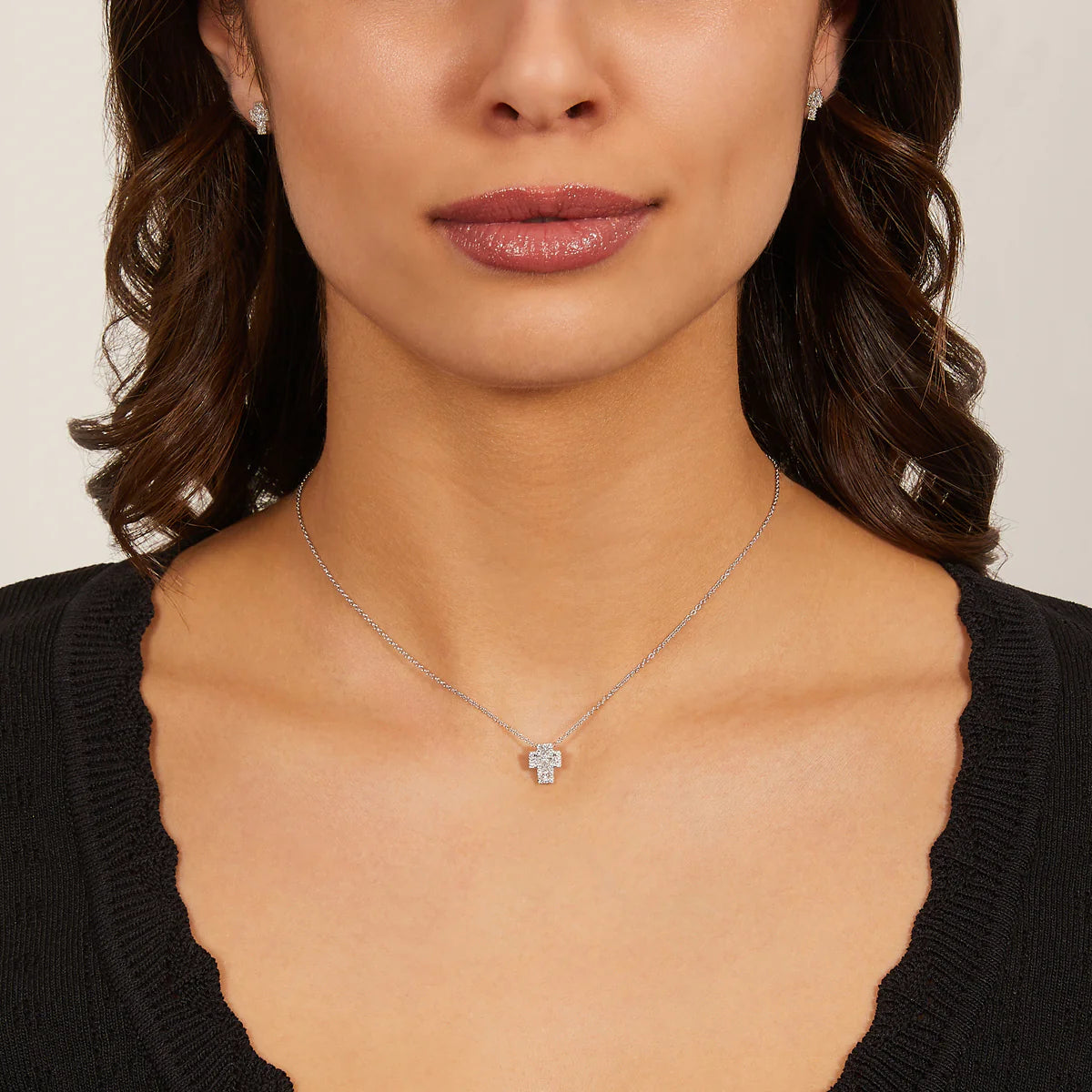 Collana mini Doppia Croce con Zirconi Bianchi
