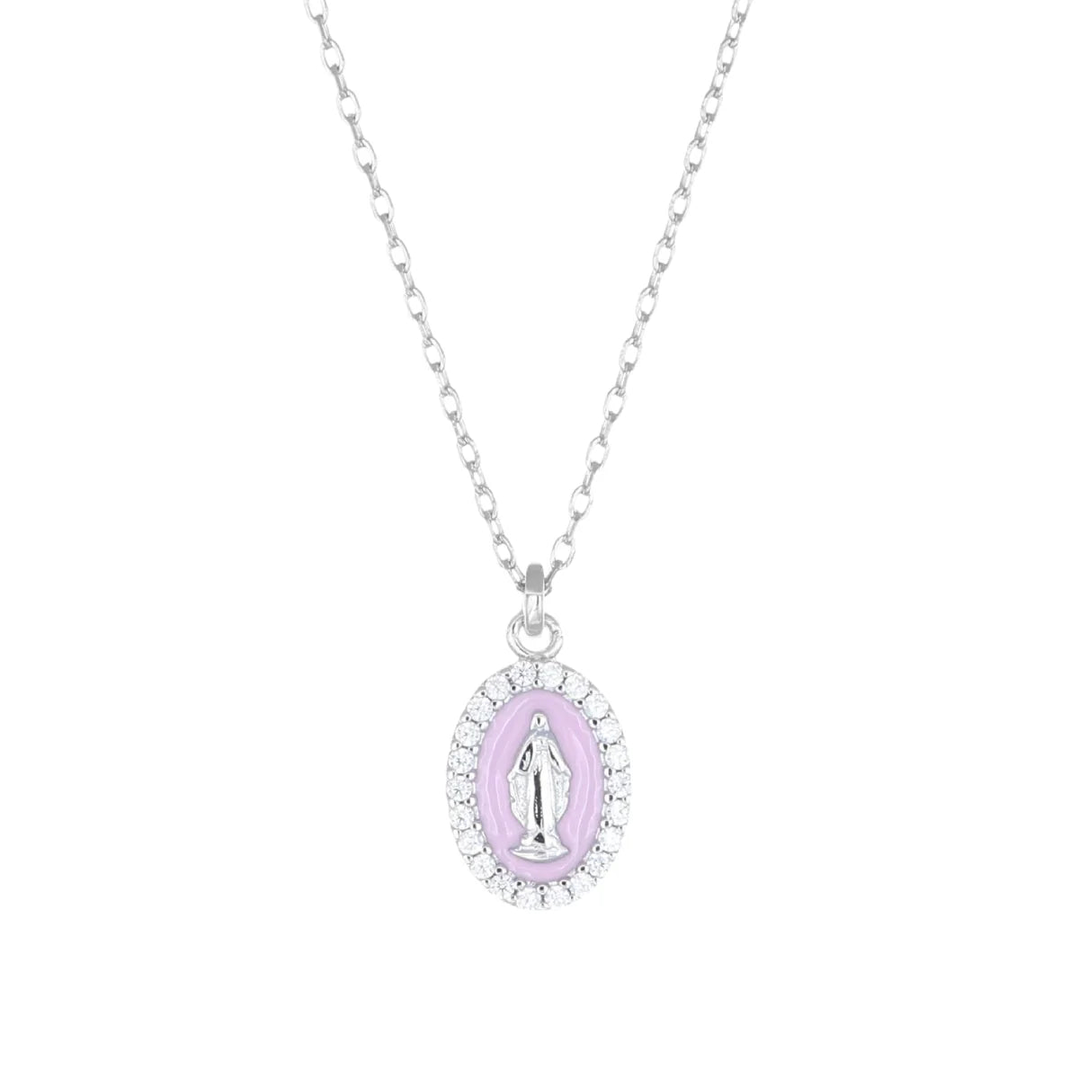 Collana Rodiata mini Medaglia Miracolosa smaltata Rosa Perla