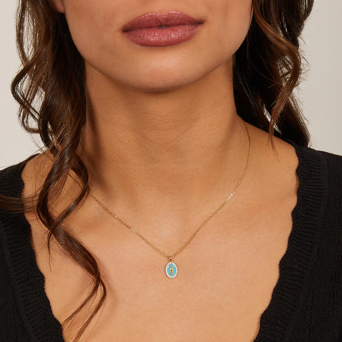 Collana mini Medaglia Miracolosa smaltata Turchese