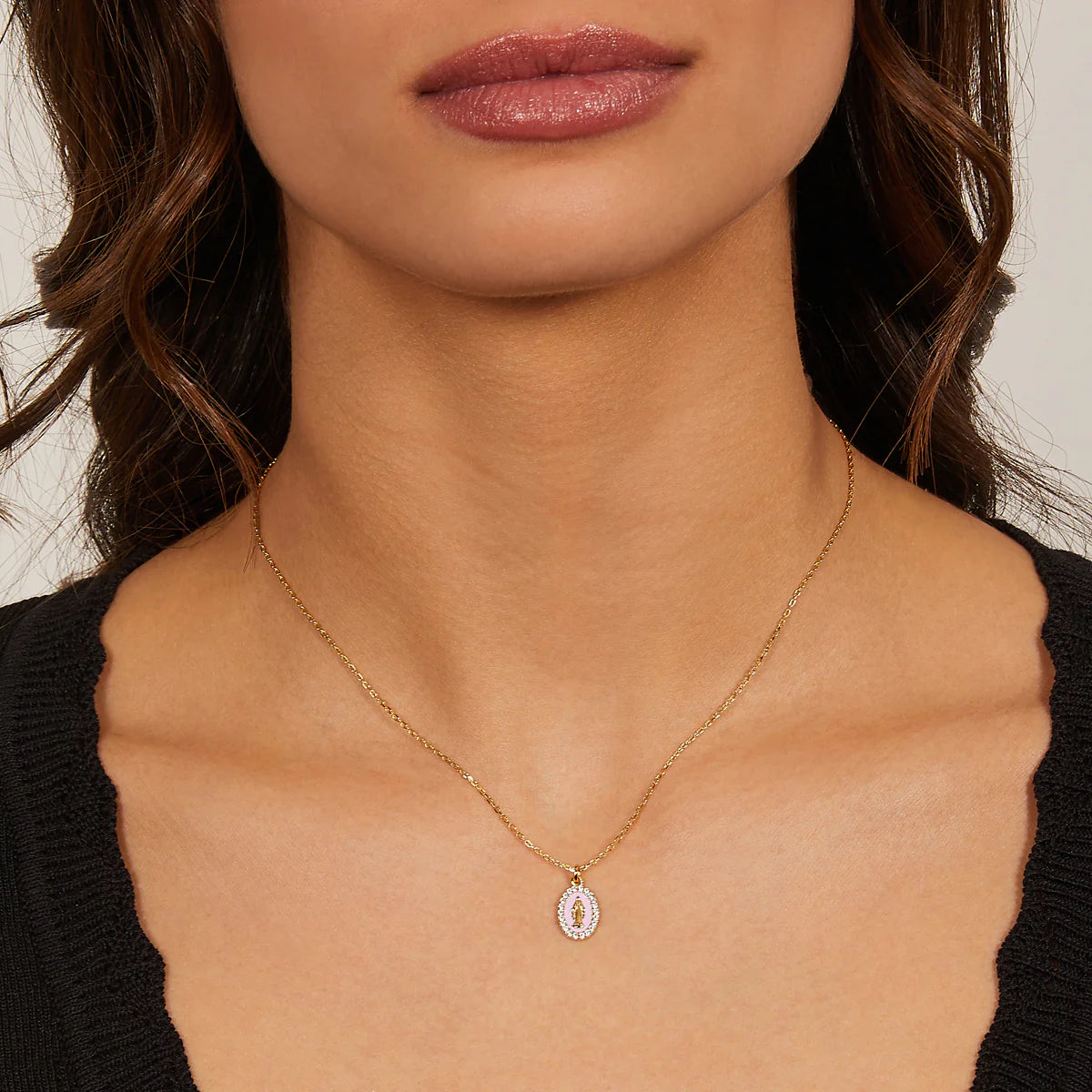 Collana mini Medaglia Miracolosa smaltata Rosa Perla