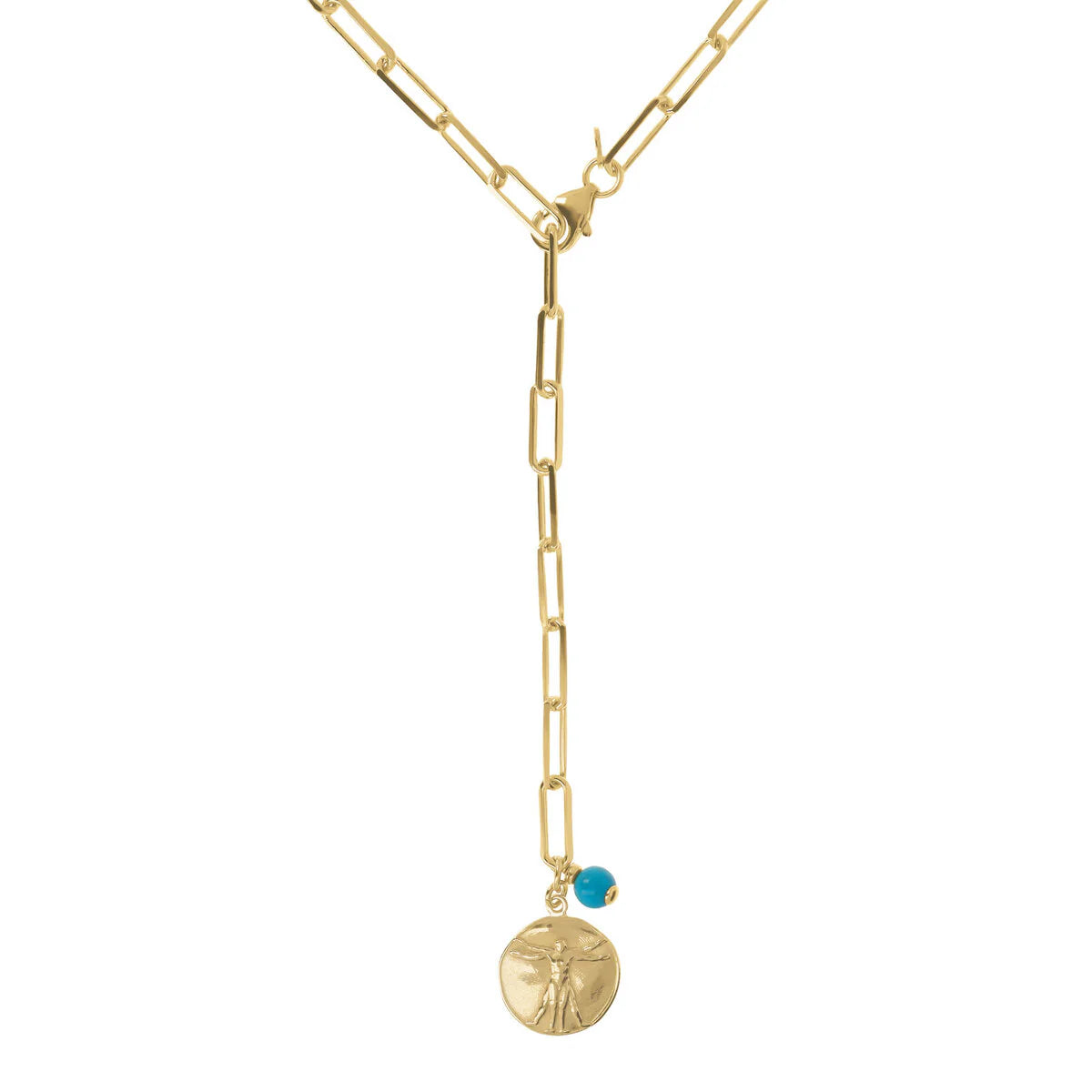 Etrusca - Collana a Cravatta Catena Forzatina Allungata con Ciondolo Moneta e Sfera in Turchese