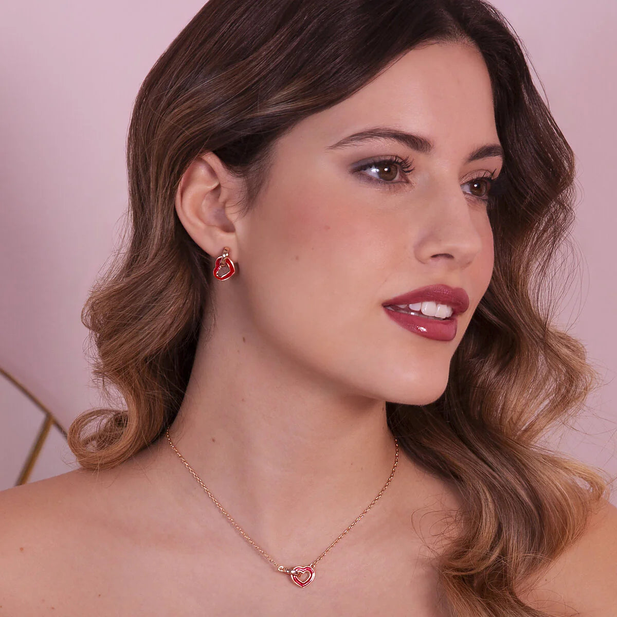 Bronzallure - Collana con Doppio Elemento Smaltato Cuore e Maglia Ovale