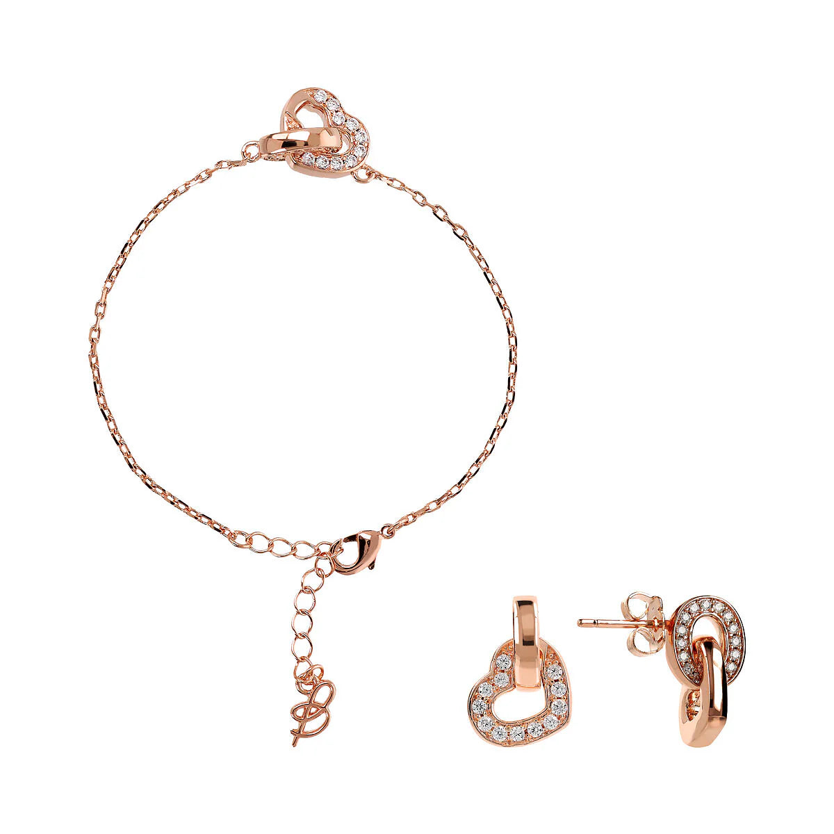 Bronzallure - Set Bracciale e Orecchini Pendenti con Doppio Elemento Pavé Cuore e Maglia Ovale